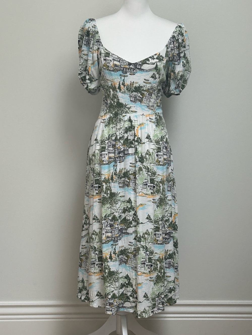 Toile du Jouy Riviera Print Puff Sleeve Midi Dress M